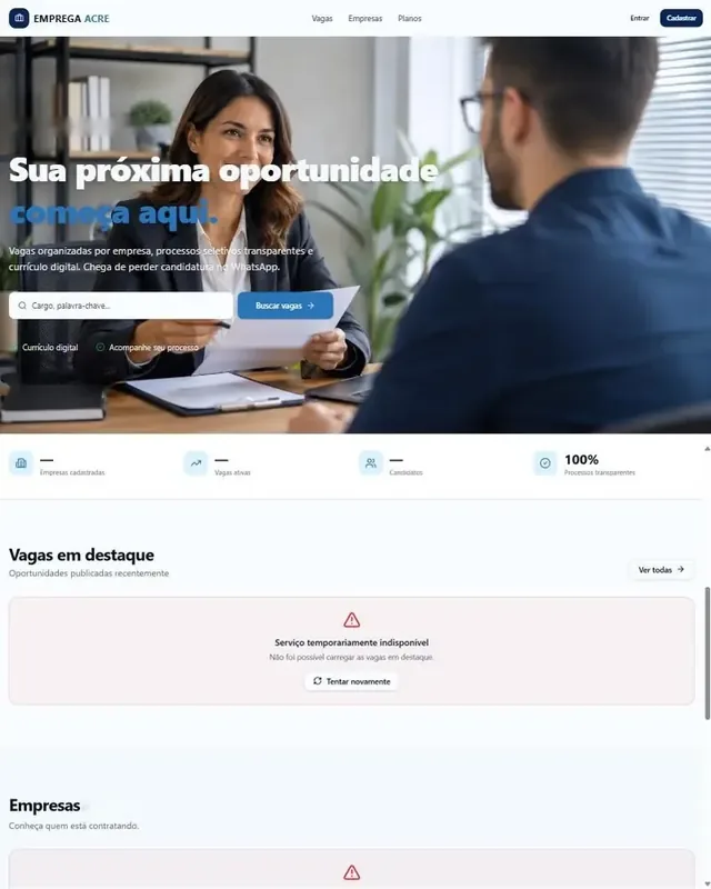 Emprega Acre: Página inicial, editada para esta vitrine: algumas frases foram omitidas; o nome do produto ficou.