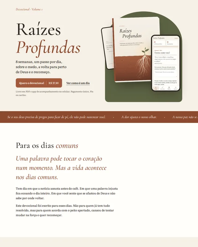 Raízes Profundas: Recorte da página de venda, da abertura ao exemplo de um dia.